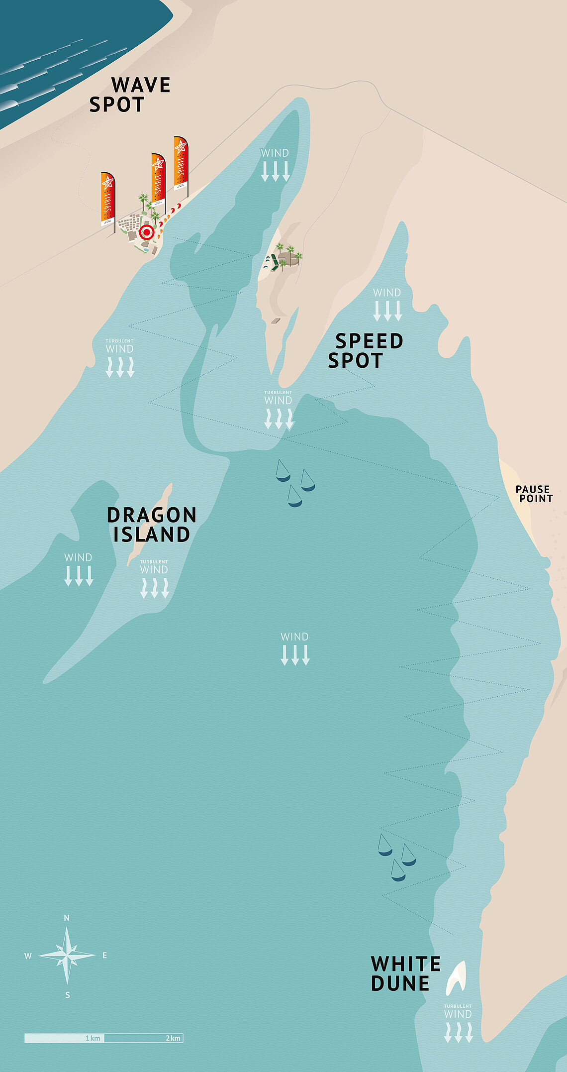 Mappa laguna kitesurf con direzioni vento, spot e tour downwind al Kiteboarding Club KBC New Spirit Dakhla
