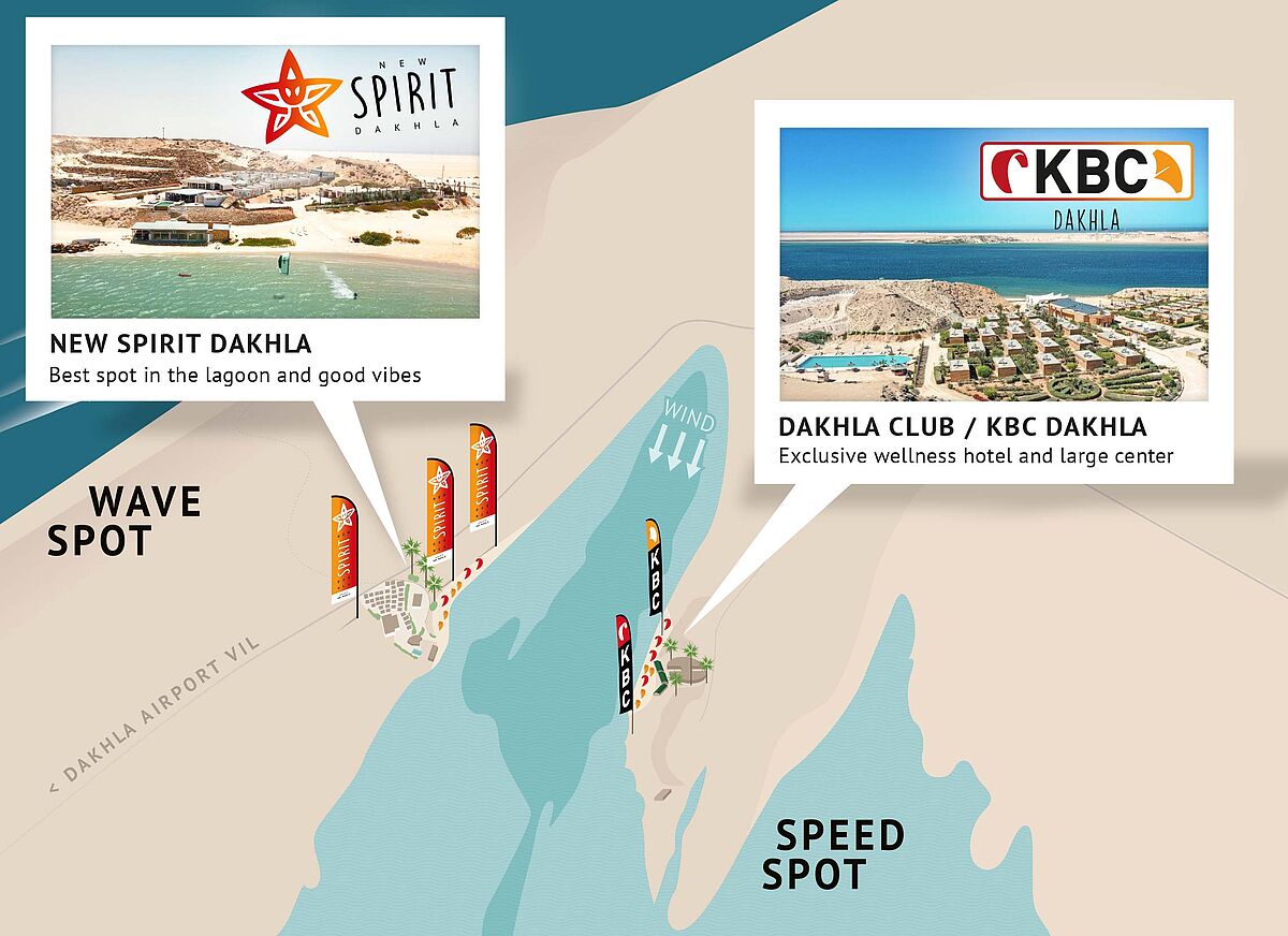 Dakhla Lagune Hotels Wassersport Karte KBC Kitesurf Wingfoil Marokko
