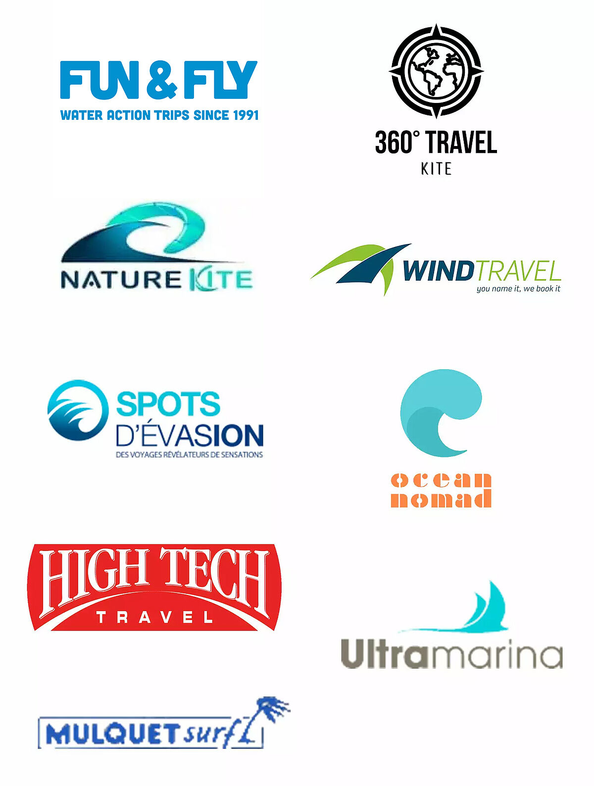 Logos partenaires kitesurf et voyage - Fun & Fly, 360° Travel Kite, Nature Kite, Wind Travel et autres sports nautiques