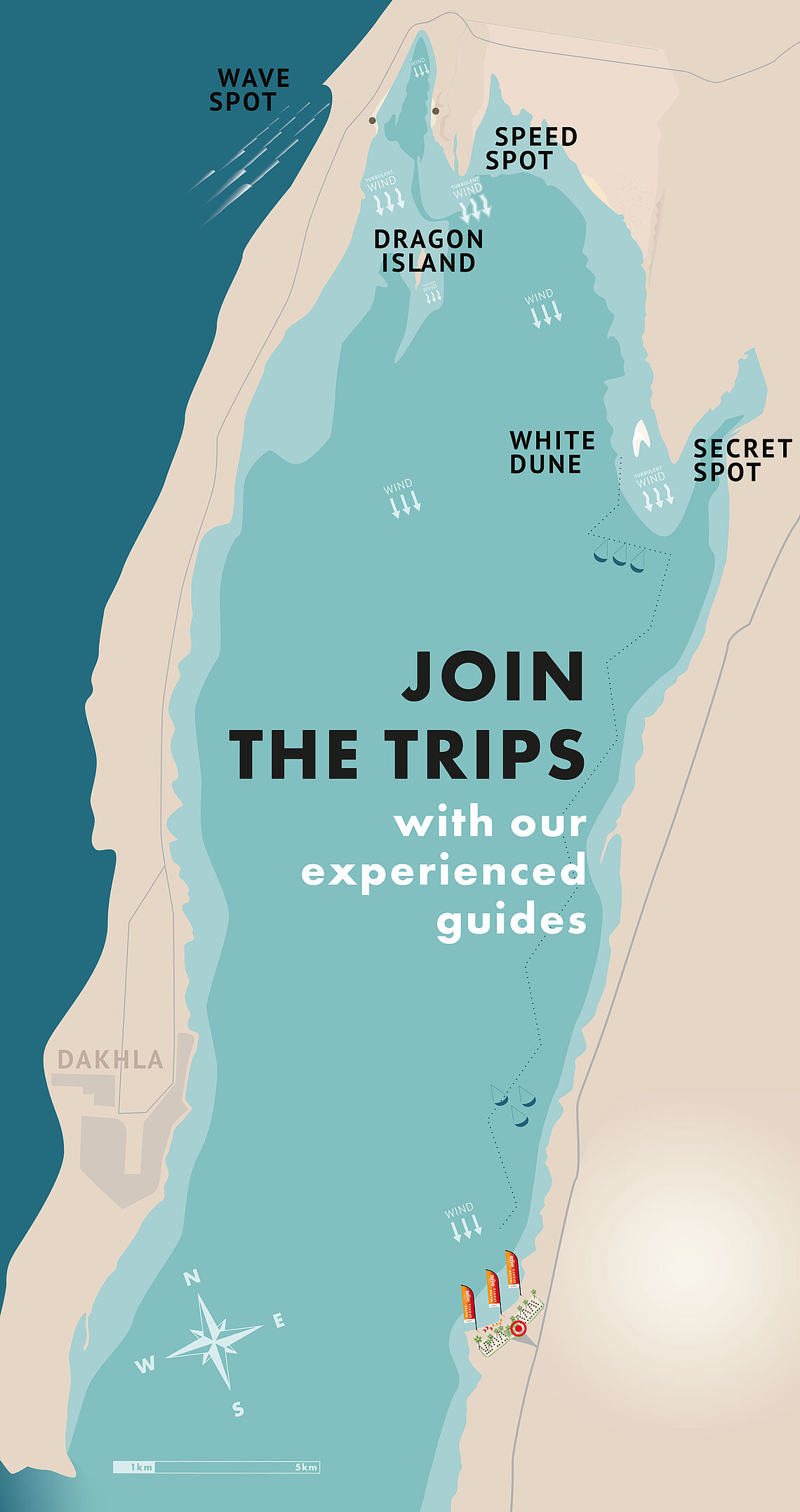 Dakhla lagoon kiteboarding map showing kitesurf spots and guided tours by Kiteboarding Club OASIS 212 - water sports trips