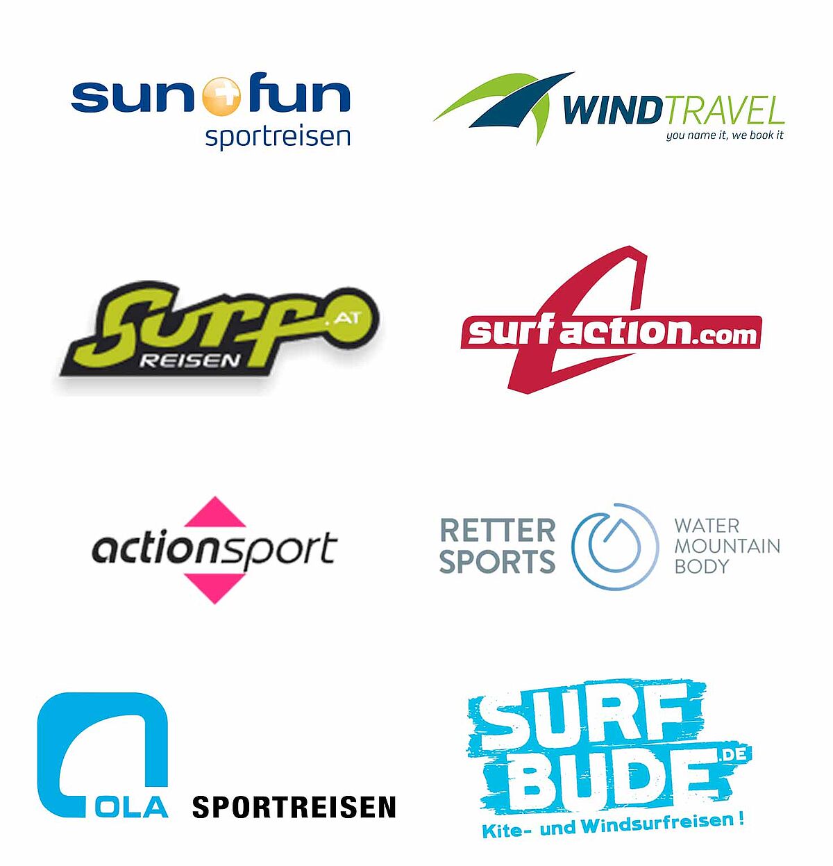 Kitesurf- und Wassersport-Reiseveranstalter Logos: Sun+Fun, Windtravel, Surf Reisen, Surfaction, Actionsport, OLA