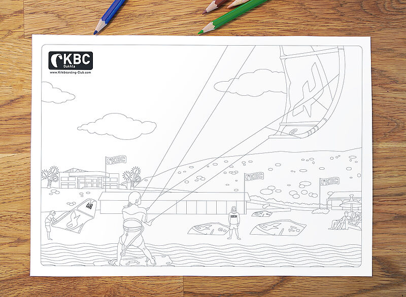 CKBC Dakhla Kitesurfing Ausmalbild mit Kiteboardern am Strand, Kites in der Luft und Wassersport-Szene zum Ausmalen