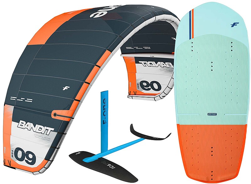 Aquilone kitesurf F-One Bandit con tavola pocket e foil - attrezzatura completa kiteboarding per sport acquatici
