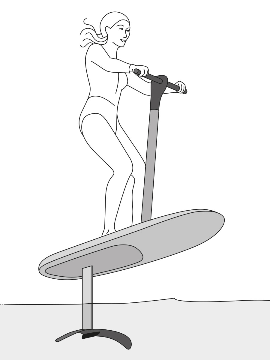 Flite kitesurfing hydrofoil e-board - woman riding electric water sports foil above water surface