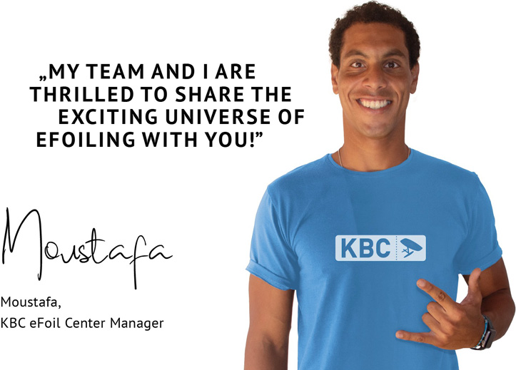Welcome from KBC eFoil Center greeting kitesurfing and water sports enthusiasts about eFoiling