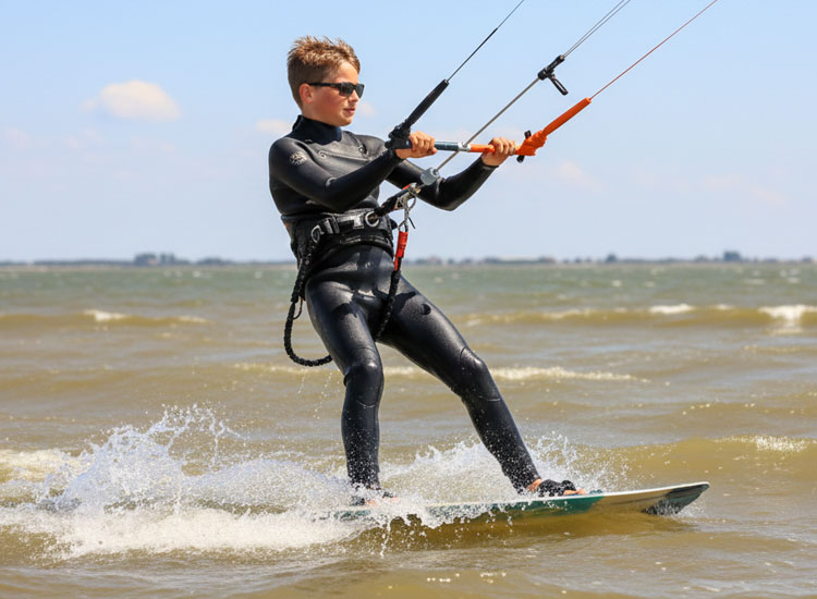 Holland Kitesurf Kurse fa kitesurf sulla spiaggia di KBC Hindeloopen, sport acquatici e lezioni di kitesurf