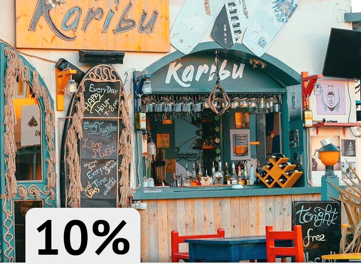 Karibu beach bar with 10% discount - tropical kitesurf restaurant at beach destination, perfect for kiteboarding travel