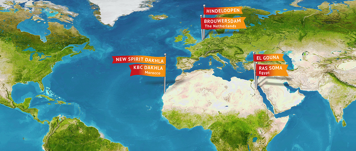 Kitesurf Kids Destination Map zeigt Kitesurfspots weltweit: Dakhla Marokko, El Gouna Ägypten, Hindeloopen Niederlande