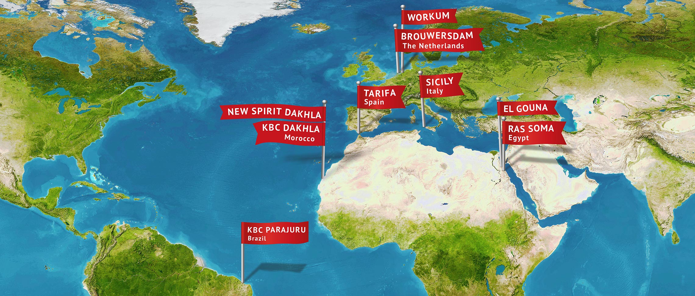 Mappa mondiale destinazioni kitesurf: Workum, Brouwersdam, Tarifa, Sicilia, El Gouna, Ras Soma, Dakhla, Parajuru