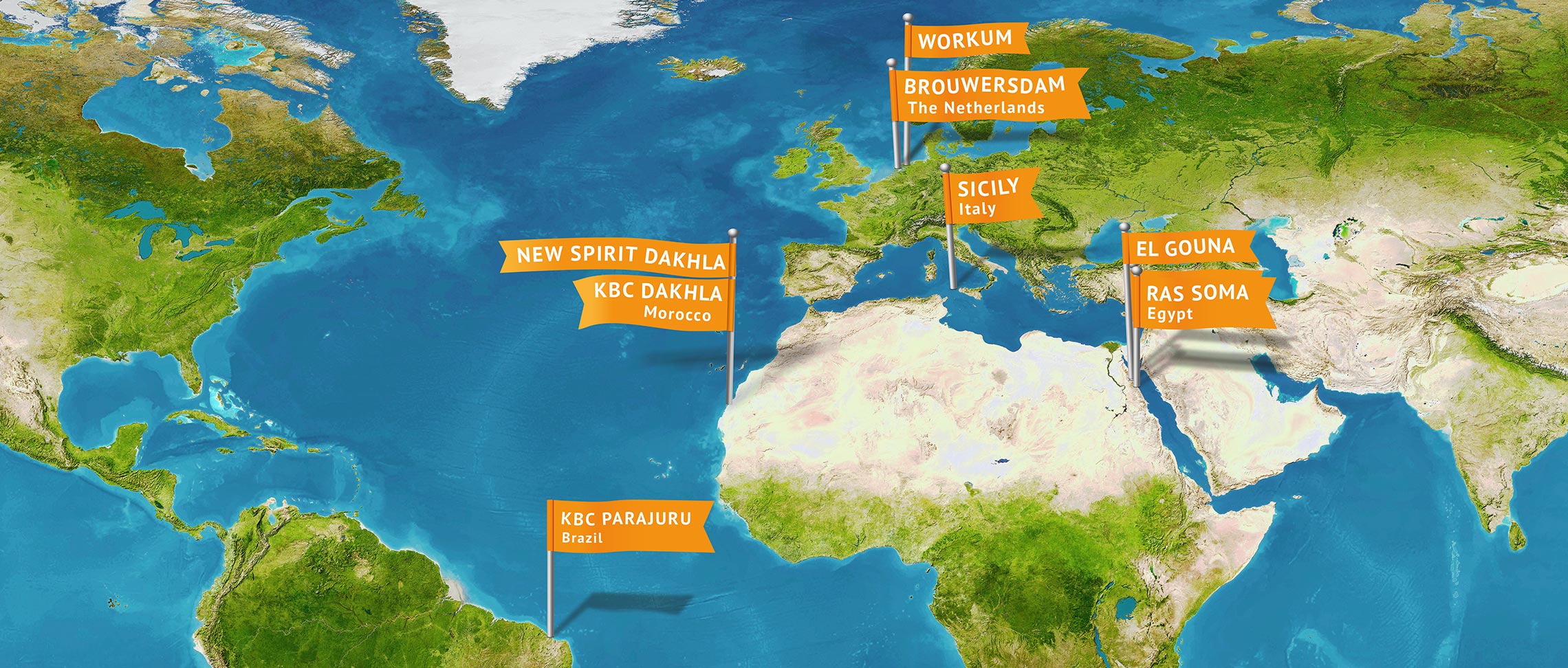 Mappa mondiale destinazioni kitesurf: Workum, Brouwersdam Olanda, Sicilia Italia, El Gouna Egitto, KBC Dakhla Marocco