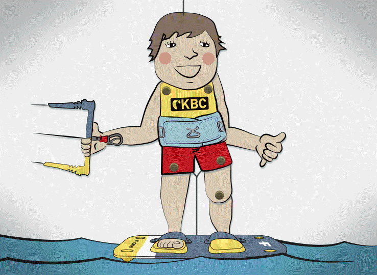 KitingJack Cartoon-Maskottchen mit Kitesurfing-Ausrüstung auf dem Wasser - Kiteboarding Club Wassersport
