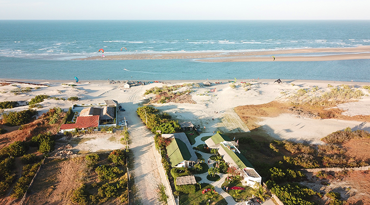 Aerial view of Kiteboarding Club KBC Parajuru - kitesurfing beach resort with lagoon and Atlantic Ocean in Ceará Brazil