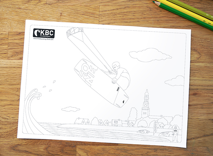 Kitesurfing Ausmalbild mit Colouring Hindeloopenweb - KBC Kiteboarding Club Malbogen für Kinder am Strand