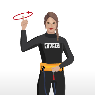 Kitesurf Instruktorin zeigt Handzeichen für Kiteboarding - Wassersport Sicherheit und Kommunikation am Strand