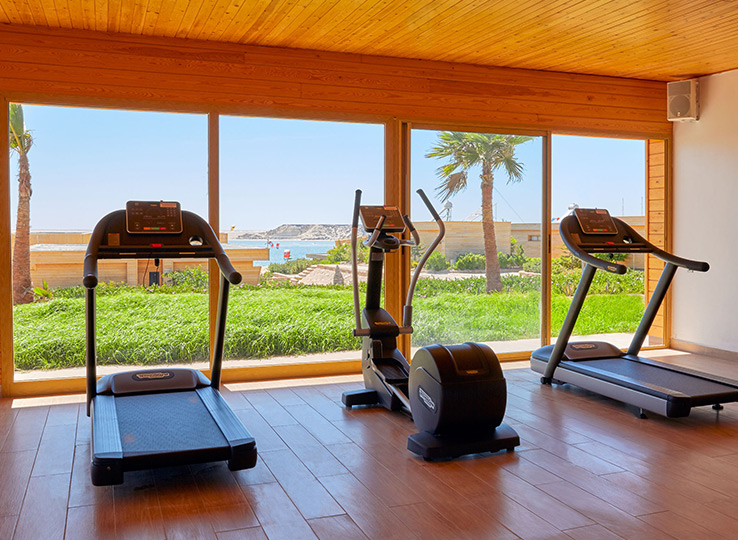 Struttura fitness MAR con tapis roulant ed ellittica, vista oceano perfetta per kitesurfer e viaggiatori acquatici