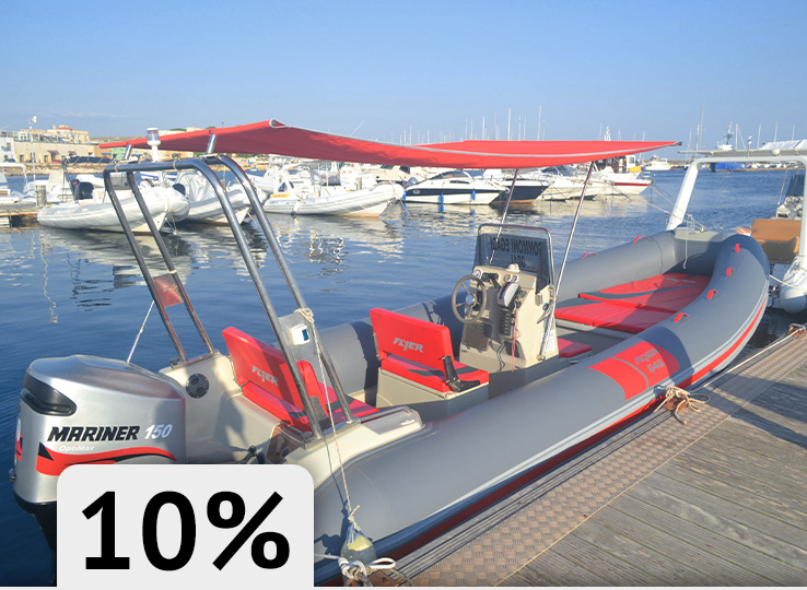 Gommoni Egadi boat with red awning in marina - perfect for kitesurfing and water sports excursions