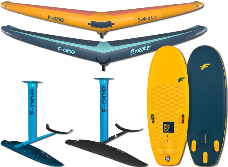 Attrezzatura F-One kitesurfing - aquiloni Swing e Strike, tavole hydrofoil per sport acquatici kiteboarding